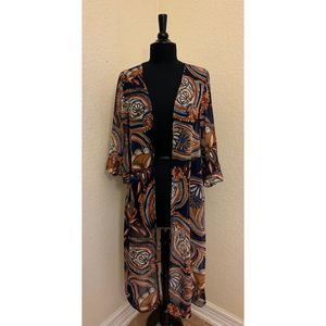 Adrienne Paisley Print Sheer Ruffled Sleeves Boho Long Kimono Jacket - Sz M